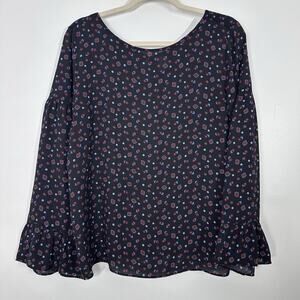 Loft Womens M Black Printed Floral Long Bell Sleeve Semi Sheer Blouse Workwear